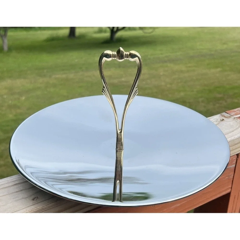 Vtg Kromex Revolving Lazy Susan Serving Tray Gold Tone Heart Handle‎ MCM USA 12